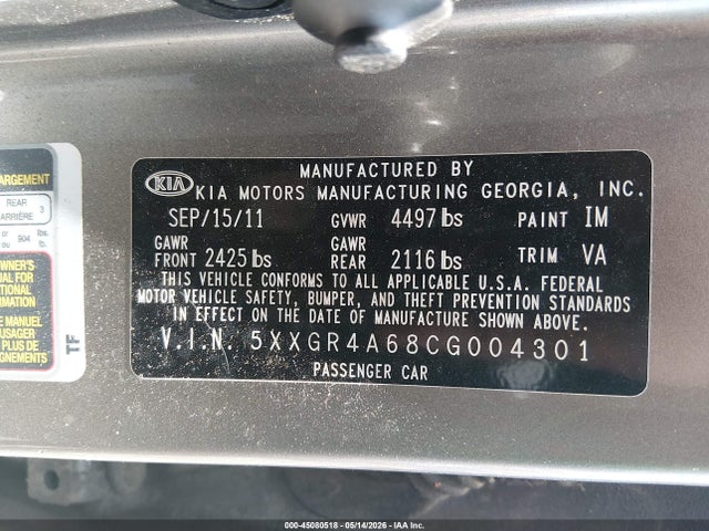 Продаж на аукціоні авто 2012 Kia Optima Sx, vin: 5XXGR4A68CG004301, номер лоту: 45080518