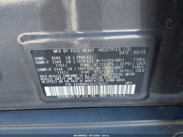 45080522 :رقم المزاد ، 4S4BRBGC9D3296047 vin ، 2013 Subaru Outback 2.5i Premium مزاد بيع