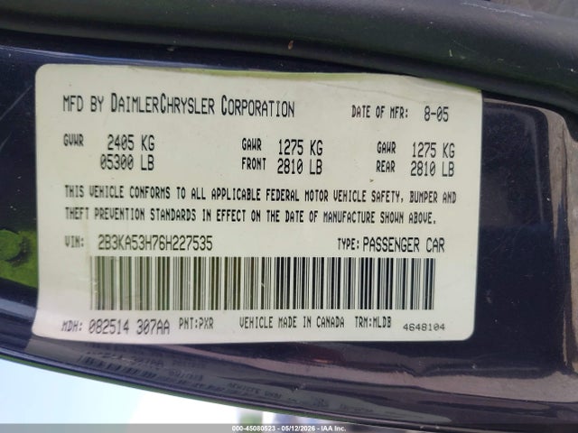 Aukcja sprzedaży 2006 Dodge Charger Rt, vin: 2B3KA53H76H227535, numer aukcji: 45080523