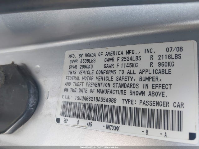 Aukcja sprzedaży 2008 Acura Tl 3.2, vin: 19UUA66218A054988, numer aukcji: 45080530