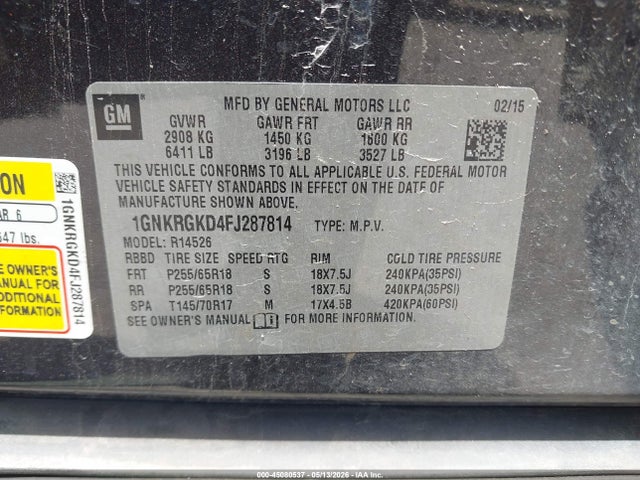 2015 Chevrolet Traverse 1lt მანქანა იყიდება აუქციონზე, vin: 1GNKRGKD4FJ287814, აუქციონის ნომერი: 45080537