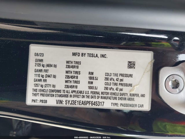 Aukcja sprzedaży 2023 Tesla Model 3 Rear-wheel Drive, vin: 5YJ3E1EA6PF645317, numer aukcji: 45080552