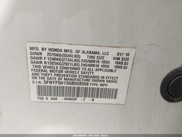 Aukcja sprzedaży 2016 Honda Pilot Lx, vin: 5FNYF5H13GB028558, numer aukcji: 45080556