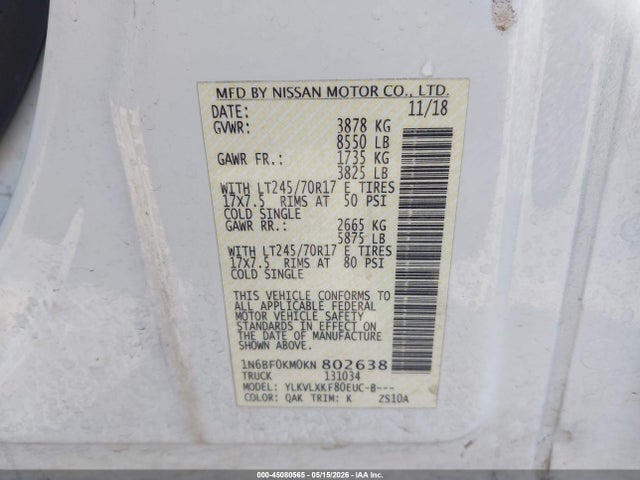 2019 Nissan Nv Cargo Nv1500 Sv V6 მანქანა იყიდება აუქციონზე, vin: 1N6BF0KM0KN802638, აუქციონის ნომერი: 45080565