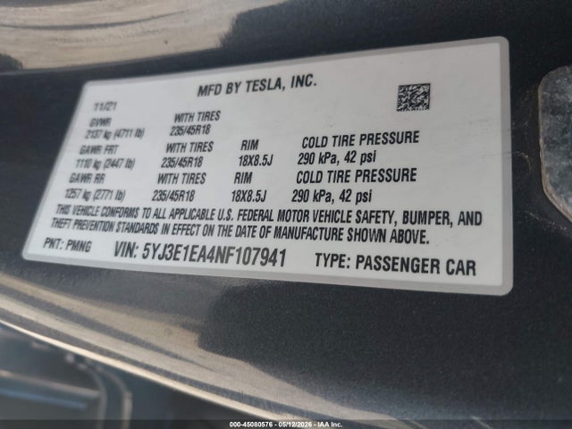 Продаж на аукціоні авто 2022 Tesla Model 3 Rear-wheel Drive, vin: 5YJ3E1EA4NF107941, номер лоту: 45080576