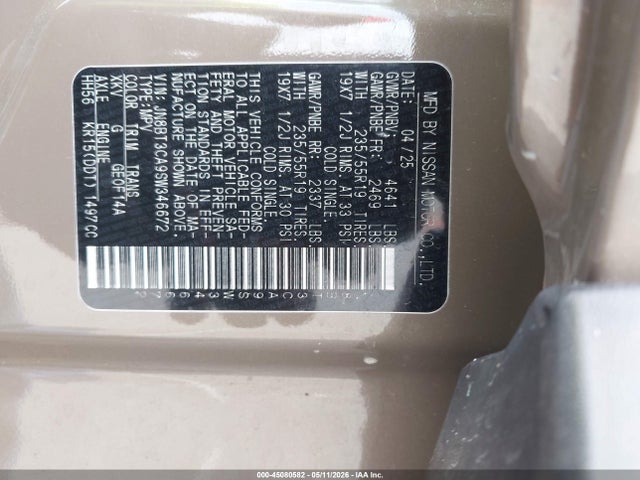 Продажа на аукционе авто 2025 Nissan Rogue Sl Fwd, vin: JN8BT3CA9SW346672, номер лота: 45080582