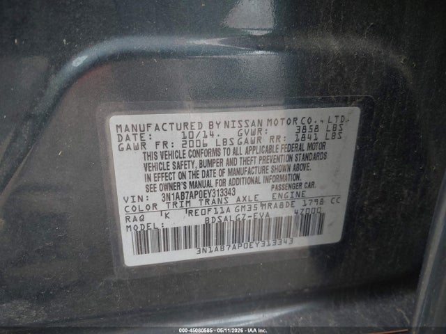 2014 Nissan Sentra Sl მანქანა იყიდება აუქციონზე, vin: 3N1AB7AP0EY313343, აუქციონის ნომერი: 45080585
