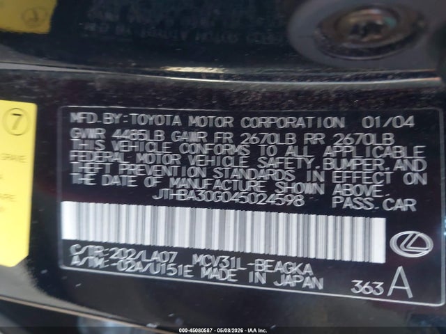 45080587 :رقم المزاد ، JTHBA30G045024598 vin ، 2004 Lexus Es 330 مزاد بيع