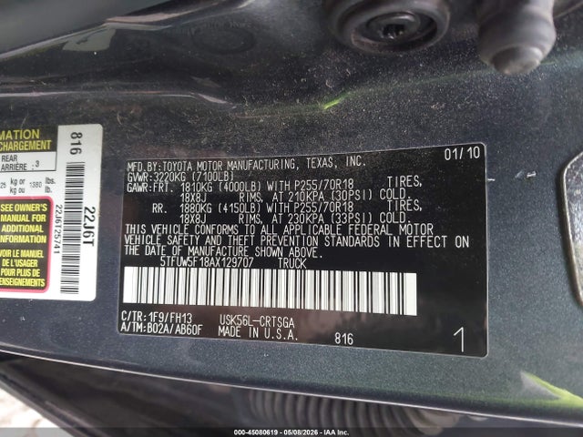 45080619 :رقم المزاد ، 5TFUW5F18AX129707 vin ، 2010 Toyota Tundra Grade 5.7l V8 مزاد بيع