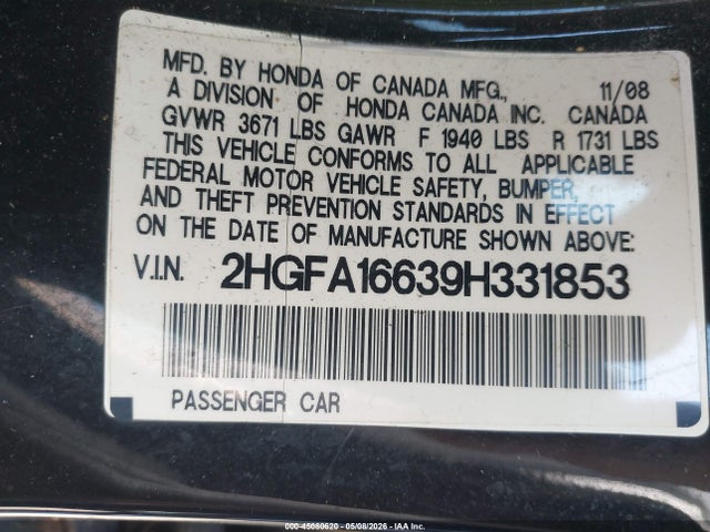 Aukcja sprzedaży 2009 Honda Civic Lx-s, vin: 2HGFA16639H331853, numer aukcji: 45080620