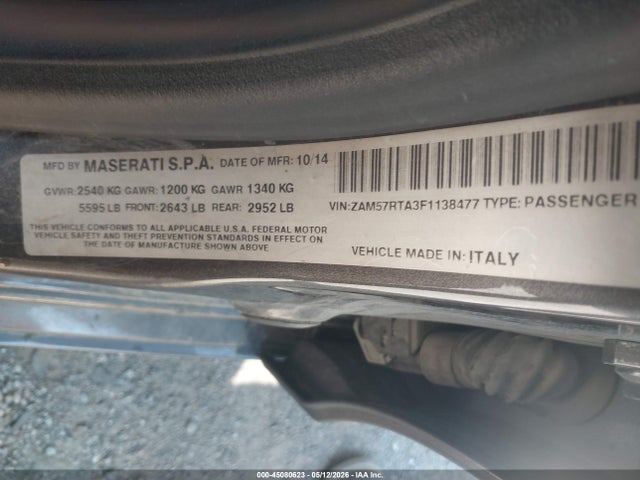 2015 Maserati Ghibli S Q4 მანქანა იყიდება აუქციონზე, vin: ZAM57RTA3F1138477, აუქციონის ნომერი: 45080623
