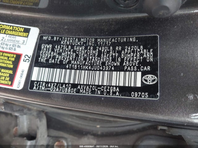 45080641 :رقم المزاد ، 4T1B11HK4JU043974 vin ، 2018 Toyota Camry Xle مزاد بيع