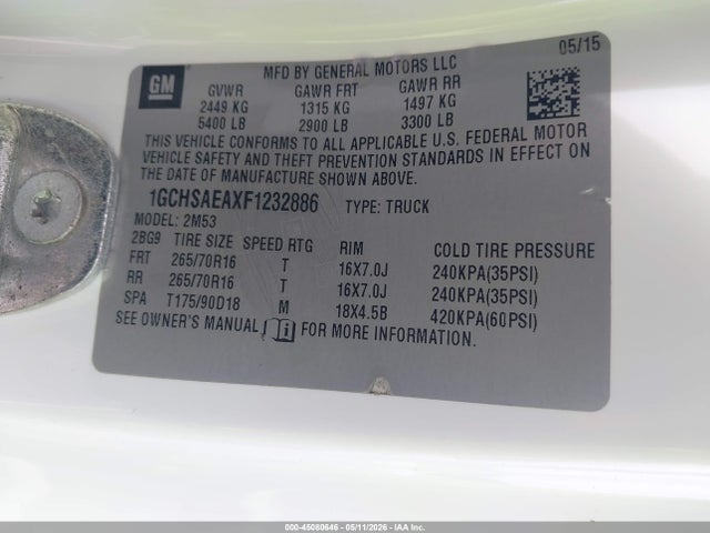 Aukcja sprzedaży 2015 Chevrolet Colorado Wt, vin: 1GCHSAEAXF1232886, numer aukcji: 45080646