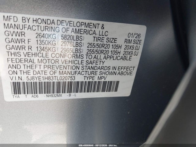 Aukcja sprzedaży 2026 Acura Mdx Advance Package, vin: 5J8YE1H83TL020753, numer aukcji: 45080648
