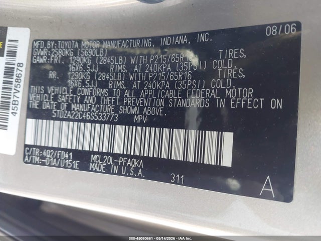 Aukcja sprzedaży 2006 Toyota Sienna Xle, vin: 5TDZA22C46S533773, numer aukcji: 45080661