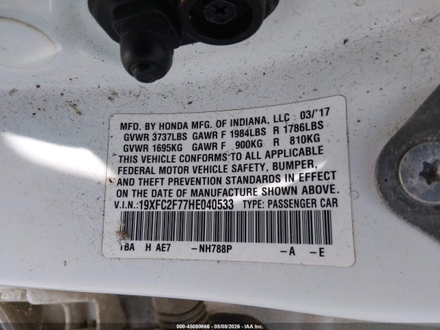 45080666 :رقم المزاد ، 19XFC2F77HE040533 vin ، 2017 Honda Civic Ex مزاد بيع