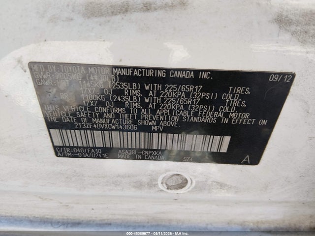 Aukcja sprzedaży 2012 Toyota Rav4, vin: 2T3ZF4DVXCW143606, numer aukcji: 45080677
