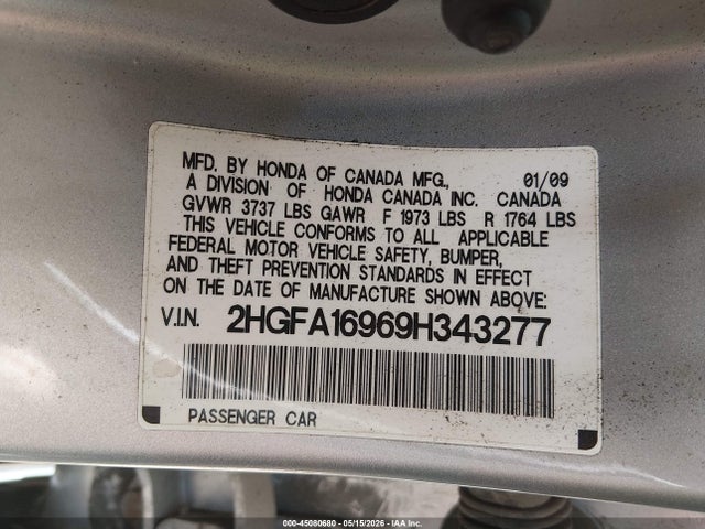 Продаж на аукціоні авто 2009 Honda Civic Ex-l, vin: 2HGFA16969H343277, номер лоту: 45080680