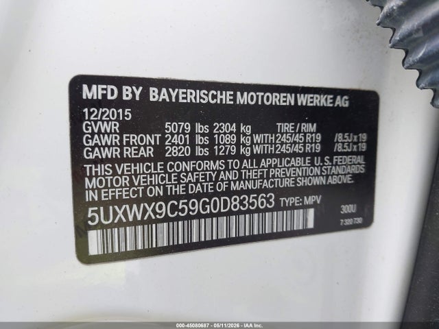 45080687 :رقم المزاد ، 5UXWX9C59G0D83563 vin ، 2016 Bmw X3 Xdrive28i مزاد بيع