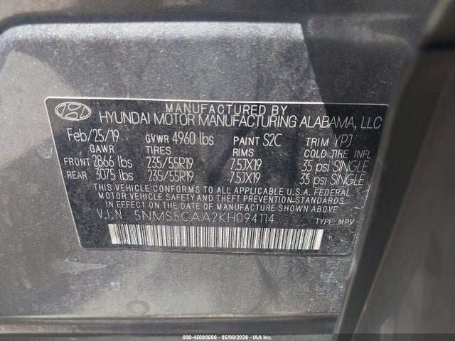 2019 Hyundai Santa Fe Limited 2.0t მანქანა იყიდება აუქციონზე, vin: 5NMS5CAA2KH094114, აუქციონის ნომერი: 45080696