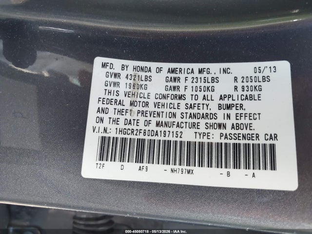Продажа на аукционе авто 2013 Honda Accord Ex-l, vin: 1HGCR2F80DA197152, номер лота: 45080718