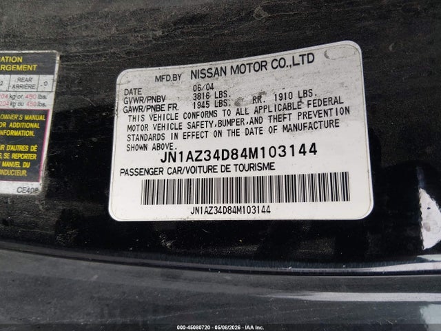 Aukcja sprzedaży 2004 Nissan 350z, vin: JN1AZ34D84M103144, numer aukcji: 45080720