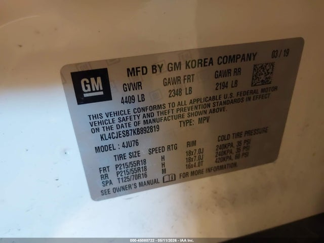 Продаж на аукціоні авто 2019 Buick Encore Awd Preferred, vin: KL4CJESB7KB892819, номер лоту: 45080722