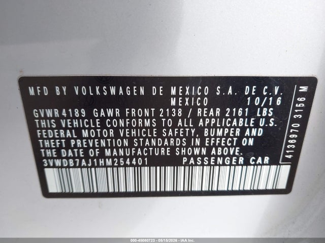 Aukcja sprzedaży 2017 Volkswagen Jetta 1.4t Se, vin: 3VWDB7AJ1HM254401, numer aukcji: 45080723