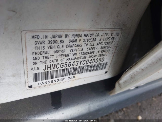 2000 Honda Accord 2.3 Lx მანქანა იყიდება აუქციონზე, vin: JHMCG5643YC040050, აუქციონის ნომერი: 45080725