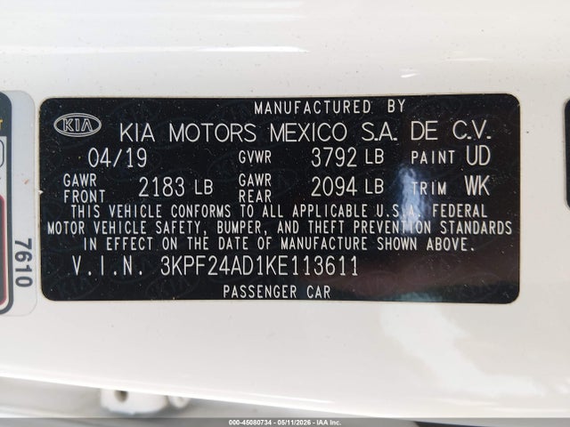 Aukcja sprzedaży 2019 Kia Forte Lxs, vin: 3KPF24AD1KE113611, numer aukcji: 45080734