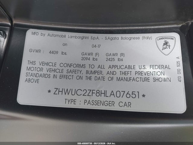 ZHWUC2ZF8HLA07651 Lamborghini Huracan Lp580-2