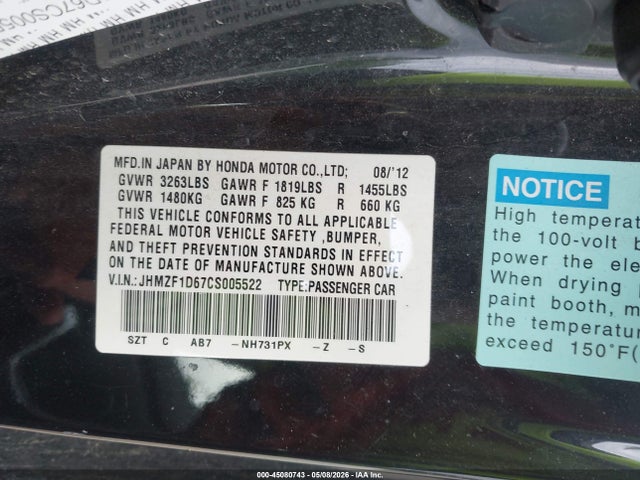 Продажа на аукционе авто 2012 Honda Cr-z Ex, vin: JHMZF1D67CS005522, номер лота: 45080743