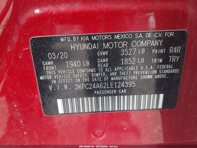 45080745 :رقم المزاد ، 3KPC24A62LE124395 vin ، 2020 Hyundai Accent Se مزاد بيع
