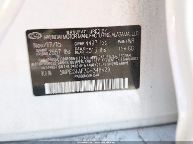 2016 Hyundai Sonata Se მანქანა იყიდება აუქციონზე, vin: 5NPE24AF3GH348429, აუქციონის ნომერი: 45080751
