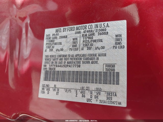 45080761 :رقم المزاد ، 1FTYR44U52PA17738 vin ، 2002 Ford Ranger Edge/tremor/xlt مزاد بيع