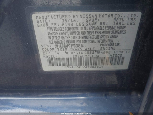 2018 Nissan Sentra Sr მანქანა იყიდება აუქციონზე, vin: 3N1AB7AP7JY308814, აუქციონის ნომერი: 45080768