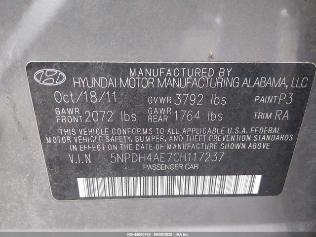 2012 Hyundai Elantra Gls მანქანა იყიდება აუქციონზე, vin: 5NPDH4AE7CH117237, აუქციონის ნომერი: 45080769