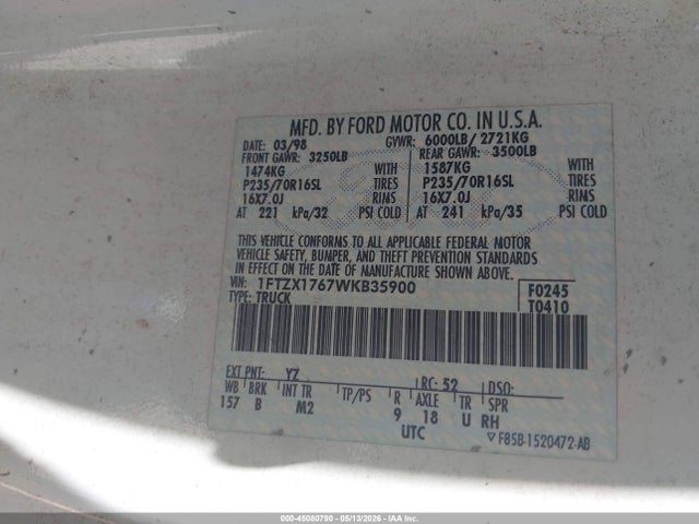 Продажа на аукционе авто 1998 Ford F-150 Lariat/standard/xl/xlt, vin: 1FTZX1767WKB35900, номер лота: 45080790
