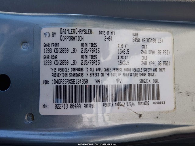 Aukcja sprzedaży 2005 Dodge Caravan Se, vin: 1D4GP25RX5B134350, numer aukcji: 45080802