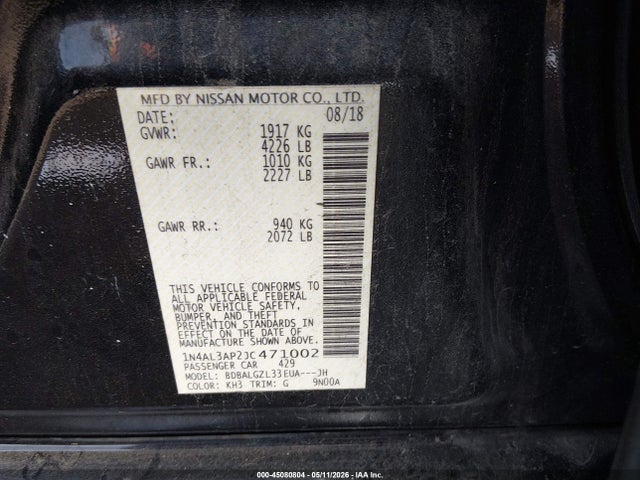Продаж на аукціоні авто 2018 Nissan Altima 2.5 S, vin: 1N4AL3AP2JC471002, номер лоту: 45080804