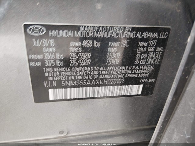 Aukcja sprzedaży 2019 Hyundai Santa Fe Ultimate 2.0t, vin: 5NMS53AAXKH020102, numer aukcji: 45080811
