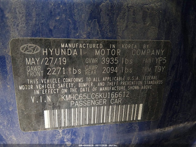 2019 Hyundai Ioniq Hybrid Blue მანქანა იყიდება აუქციონზე, vin: KMHC65LC6KU166612, აუქციონის ნომერი: 45080829