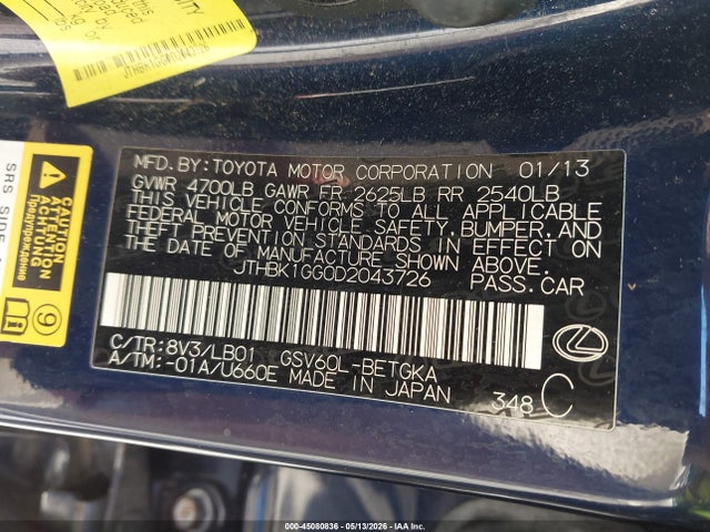 45080836 :رقم المزاد ، JTHBK1GG0D2043726 vin ، 2013 Lexus Es 350 مزاد بيع