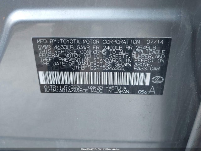 Aukcja sprzedaży 2015 Lexus Is 250, vin: JTHBF1D24F5046255, numer aukcji: 45080837