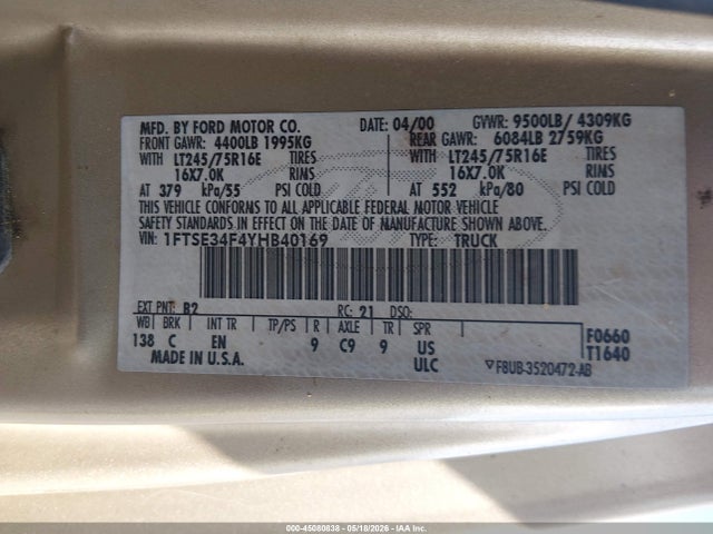 45080838 :رقم المزاد ، 1FTSE34F4YHB40169 vin ، 2000 Ford E-350 Super Duty Commercial/recreational مزاد بيع