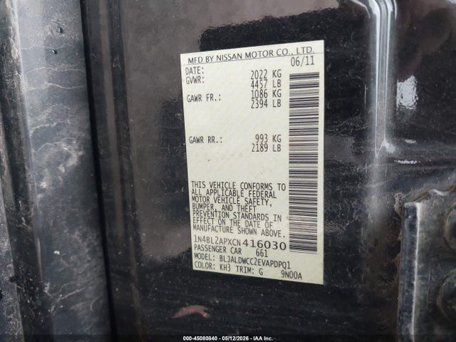Продаж на аукціоні авто 2012 Nissan Altima 3.5 Sr, vin: 1N4BL2APXCN416030, номер лоту: 45080840