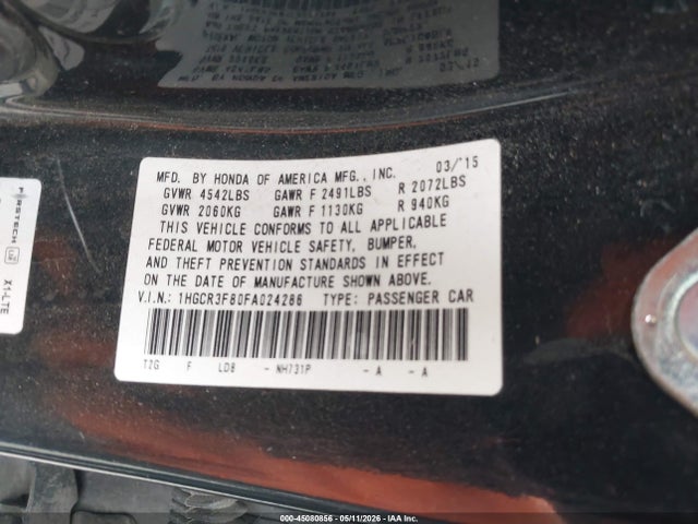 Honda Accord Ex-l V-6 2015 1HGCR3F80FA024286 Image 9
