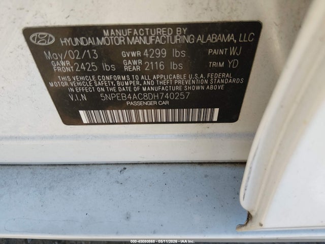 2013 Hyundai Sonata Gls მანქანა იყიდება აუქციონზე, vin: 5NPEB4AC8DH740257, აუქციონის ნომერი: 45080868
