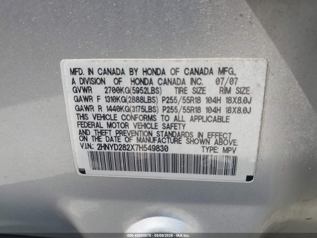 45080870 :رقم المزاد ، 2HNYD282X7H549830 vin ، 2007 Acura Mdx مزاد بيع
