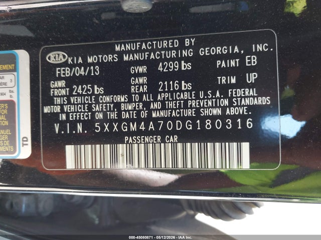 Aukcja sprzedaży 2013 Kia Optima Lx, vin: 5XXGM4A70DG180316, numer aukcji: 45080871